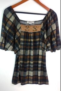 SushiFlower M Tan Black Plaid Boho Top